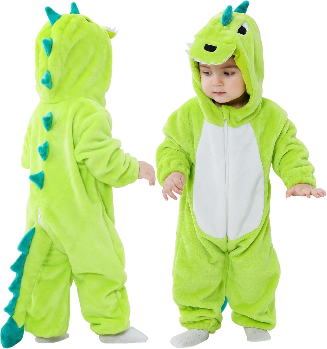 Baby rompertje Flanel Dier Hooded Jumpsuits Baby Outfit baby outfit for Halloween(Groene dinosaurus, 3-4 jaar)