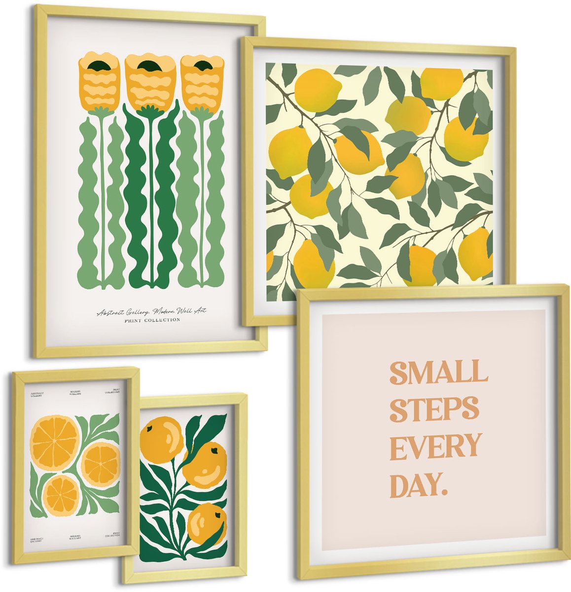 Coloray 5-Delige Schilderij Set - Bloemaccenten Met Citrusmotieven En Positieve Slogans. - 50 x 50 cm, 20 x 30 cm En 40 x 60 cm - Muurdecoratie - Wanddecoratie - Hal - Woonkamer Decoratie