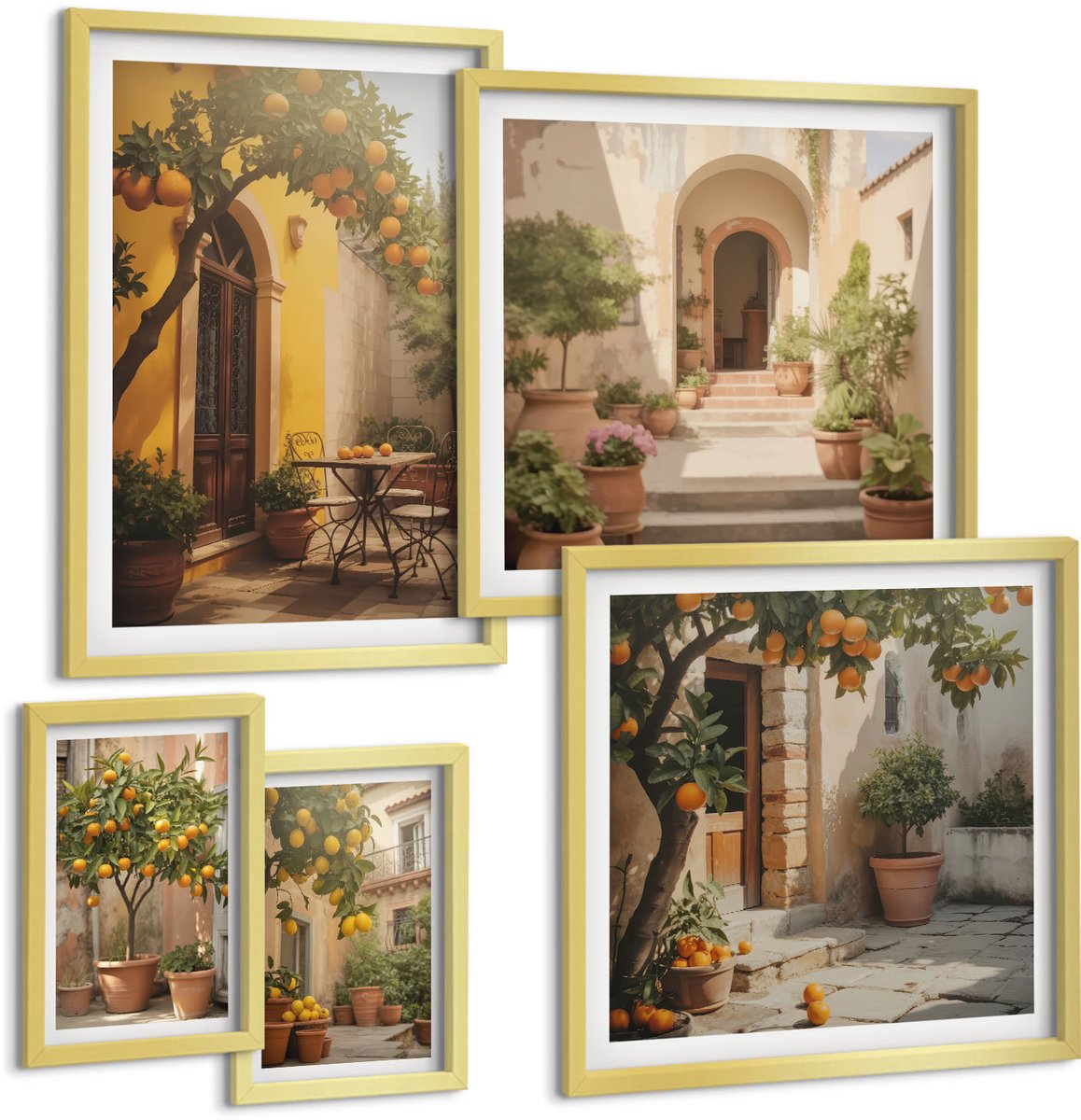 Coloray 5-Delige Schilderij Set - Charmante Straatjes Tussen Sinaasappelbomen - 50 x 50 cm, 20 x 30 cm En 40 x 60 cm - Wanddecoratie - Woonkamer Decoratie