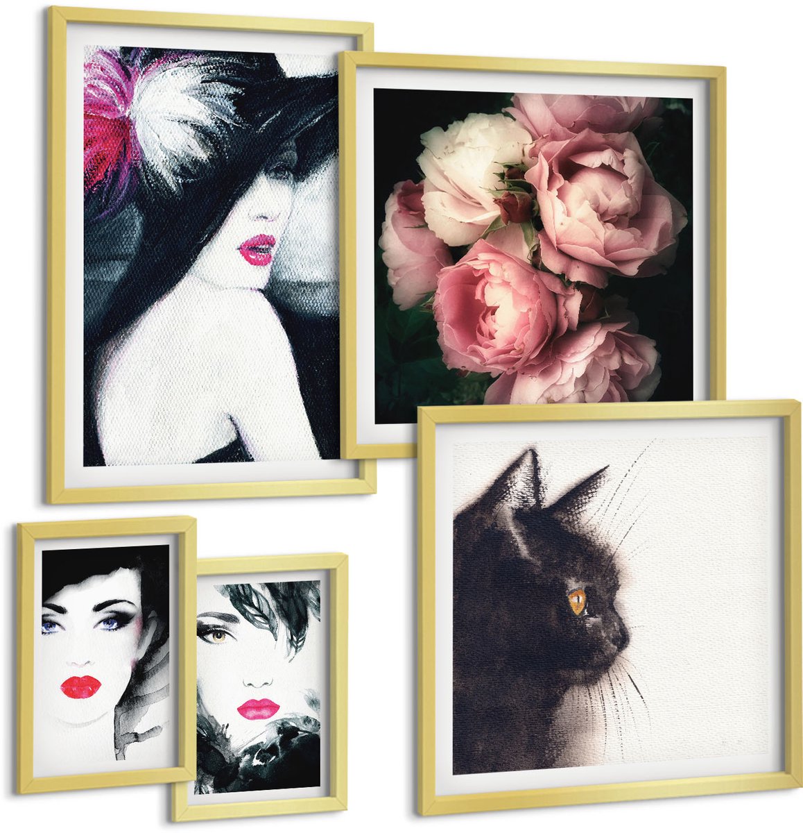 Coloray 5-Delige Schilderij Set - Stijlvolle Portretten Van Vrouwen Met Rozen En Een Kat - 50 x 50 cm, 20 x 30 cm En 40 x 60 cm - Muurdecoratie - Decoratieve Schilderijen - Wohnzimmer - Wanddecoratie