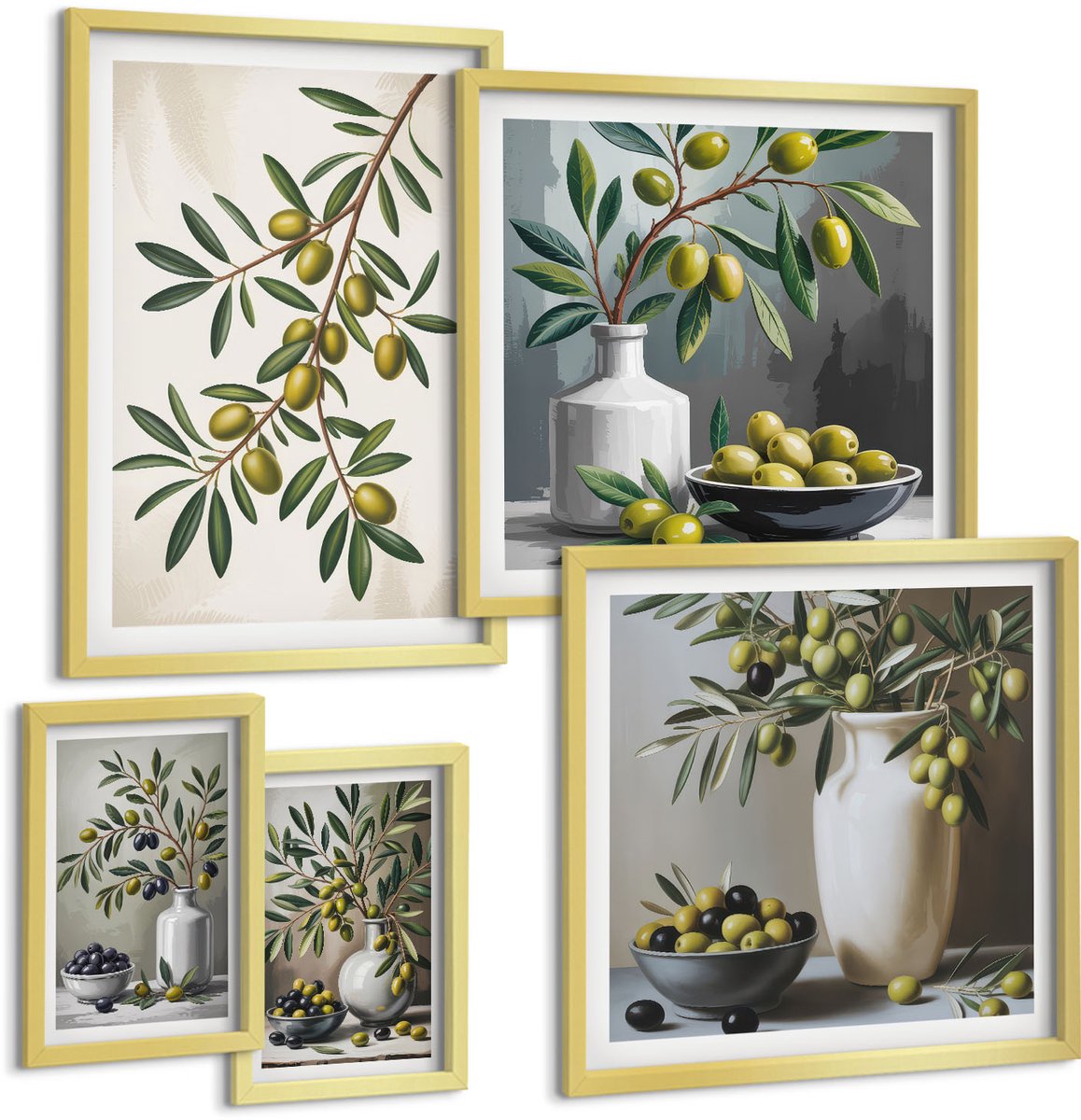 Coloray 5-Delige Schilderij Set - Olijfgroene Accenten In Rustieke Stijl Voor Interieurs - 50 x 50 cm, 20 x 30 cm En 40 x 60 cm - Muurdecoratie - Decoratieve Schilderijen - Wohnzimmer - Moderne Wanddecoratie