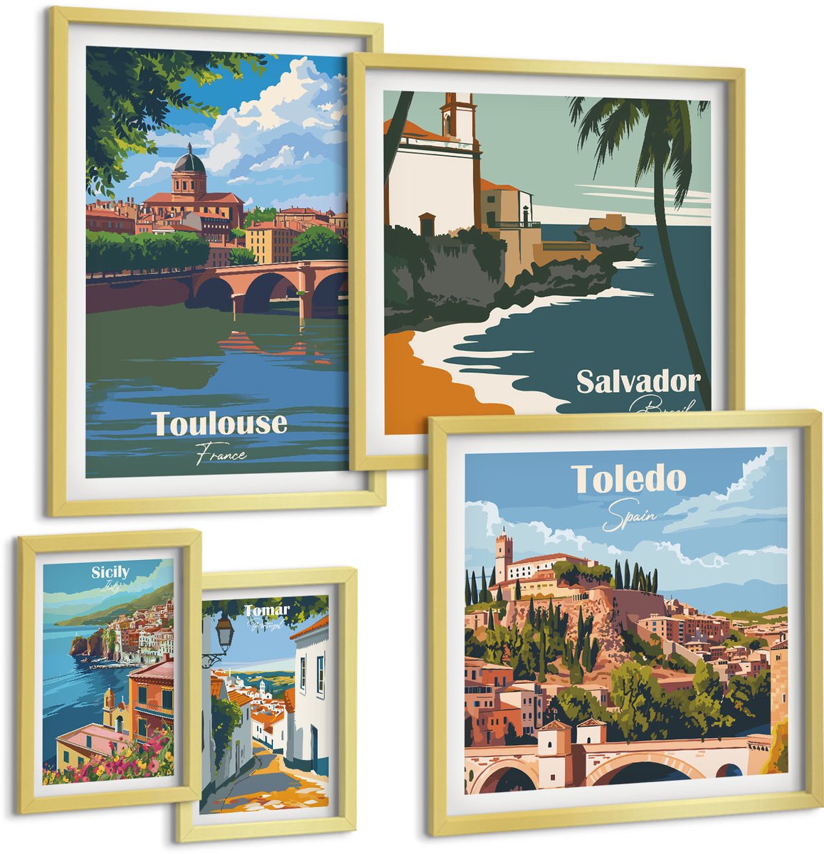 Coloray 5-Delige Schilderij Set - Schilderachtige Uitzichten En Landschappen Van Europese Steden - 50 x 50 cm, 20 x 30 cm En 40 x 60 cm - Stijlvolle Muurdecoratie - Slaapkamer - Wanddecoratie