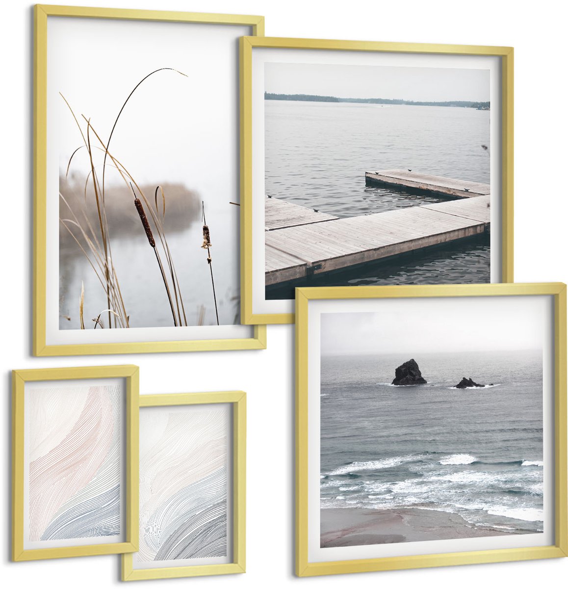 Coloray 5-Delige Schilderij Set - Minimalistische Zeegezichten Met Zachte Golven - 50 x 50 cm, 20 x 30 cm En 40 x 60 cm - Muurdecoratie - Schilderijen Set - Woonkamer