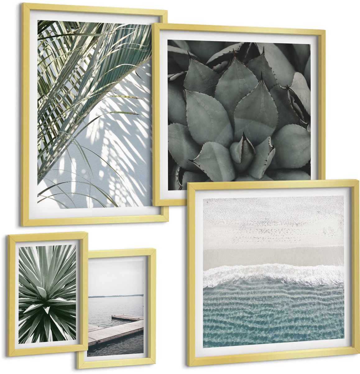 Coloray 5-Delige Schilderij Set - Tropische Plantenmotieven Met Uitzicht Op Zee - 50 x 50 cm, 20 x 30 cm En 40 x 60 cm - Decoratieve Muurdecoratie - Slaapkamer - Woonkamer Decoratie