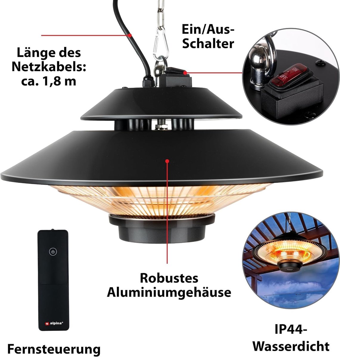 Terrasverwarmer - Elektrische heater - Buiten zitten - Infrarood verwarming - Ø47.5 cm - Zwart – foto 7