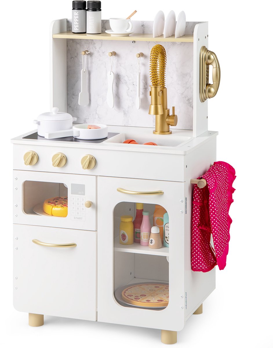 COSTWAY Houten kinderkeuken, kleine speelkeuken voor kinderen vanaf 3 jaar
