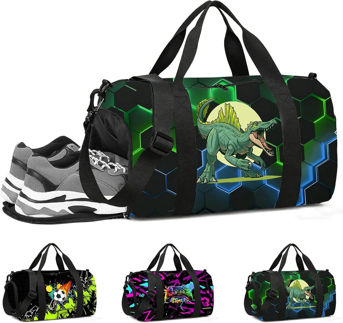 Sporttas voor kinderen - Waterdichte zwemtas met nat vak, veelzijdig voor fitness, dansen en zwemmen, 21 liter, 46L x 21W x 24H cm, met dinosaurierdesign