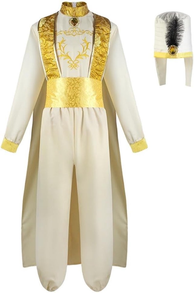 Deluxe Arabische Prins Aladdin Cosplay Kostuum met Lange Mouwen, Wit-Gouden Jurk en Hoofdbedekking voor Optredens en Feestjes