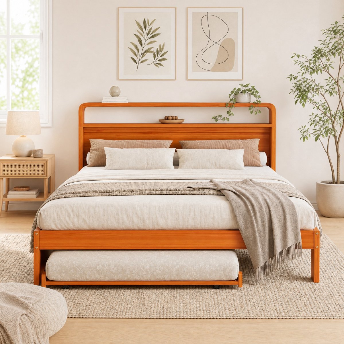 REDOM - Bed met uitschuifbed - Hoofdbed 140 x 200 cm en extra bed 90 x 190 cm - Lattenbodem - Hout - Naturaal - Slaapkamer en logeerkamer