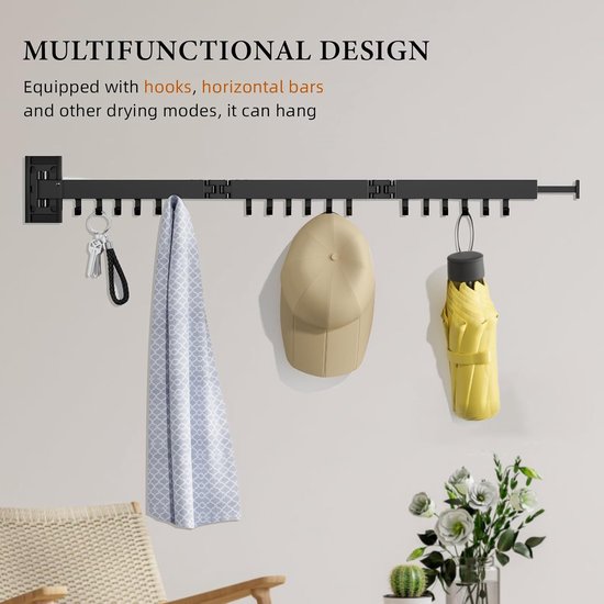 Wanddroogrek - Opvouwbaar rek - Kleding drogen - Ruimtebesparend ontwerp - 3 stangen - Zwart — afbeelding 4