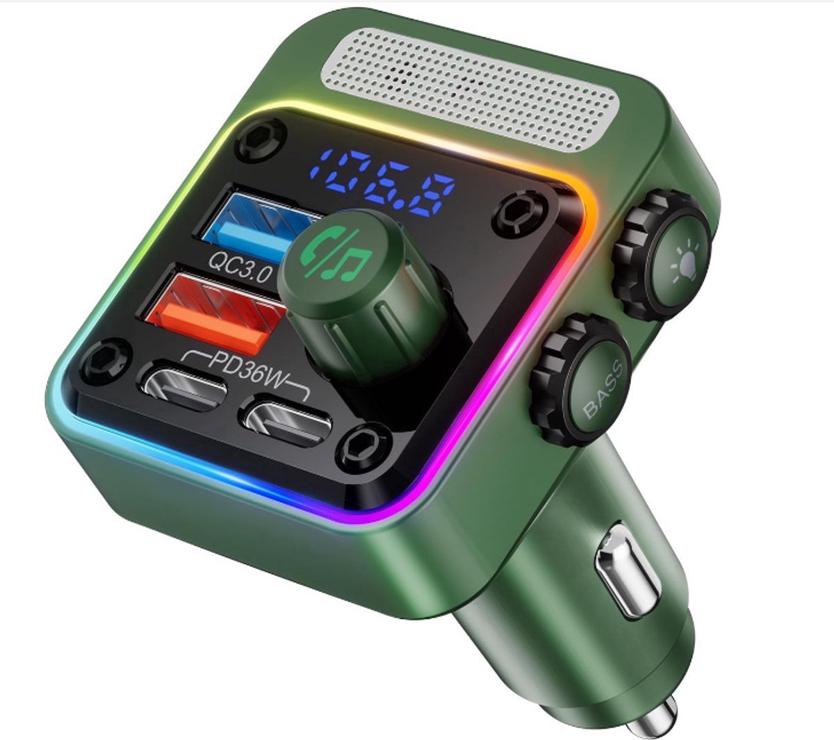 casalora® - FM Transmitter Bluetooth - Bluetooth 5.3 autoadapter met 4 oplaadpoorten - Draadloze radio FM-zender met diepe basspeler en 5 kleuren LED-achtergrondverlichting - Handsfree bellen - 54W [PD 36W en QC3.0 18W] - Carkit - Autolader