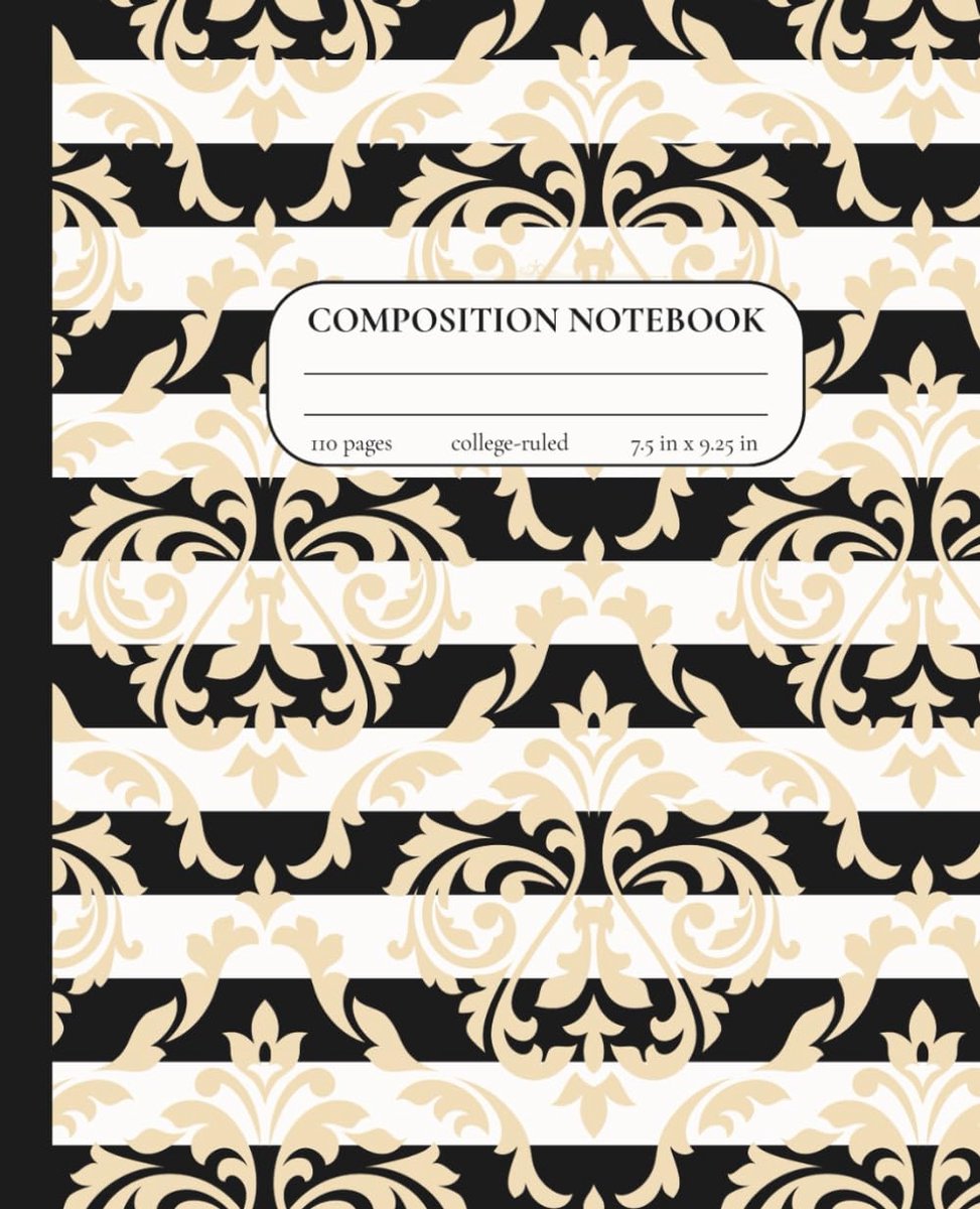 Composition Notebook College Ruled: Modern Black & White Stripes with Elegant Gold Damask Pattern - 7.5" x 9.25" - ShopVlot