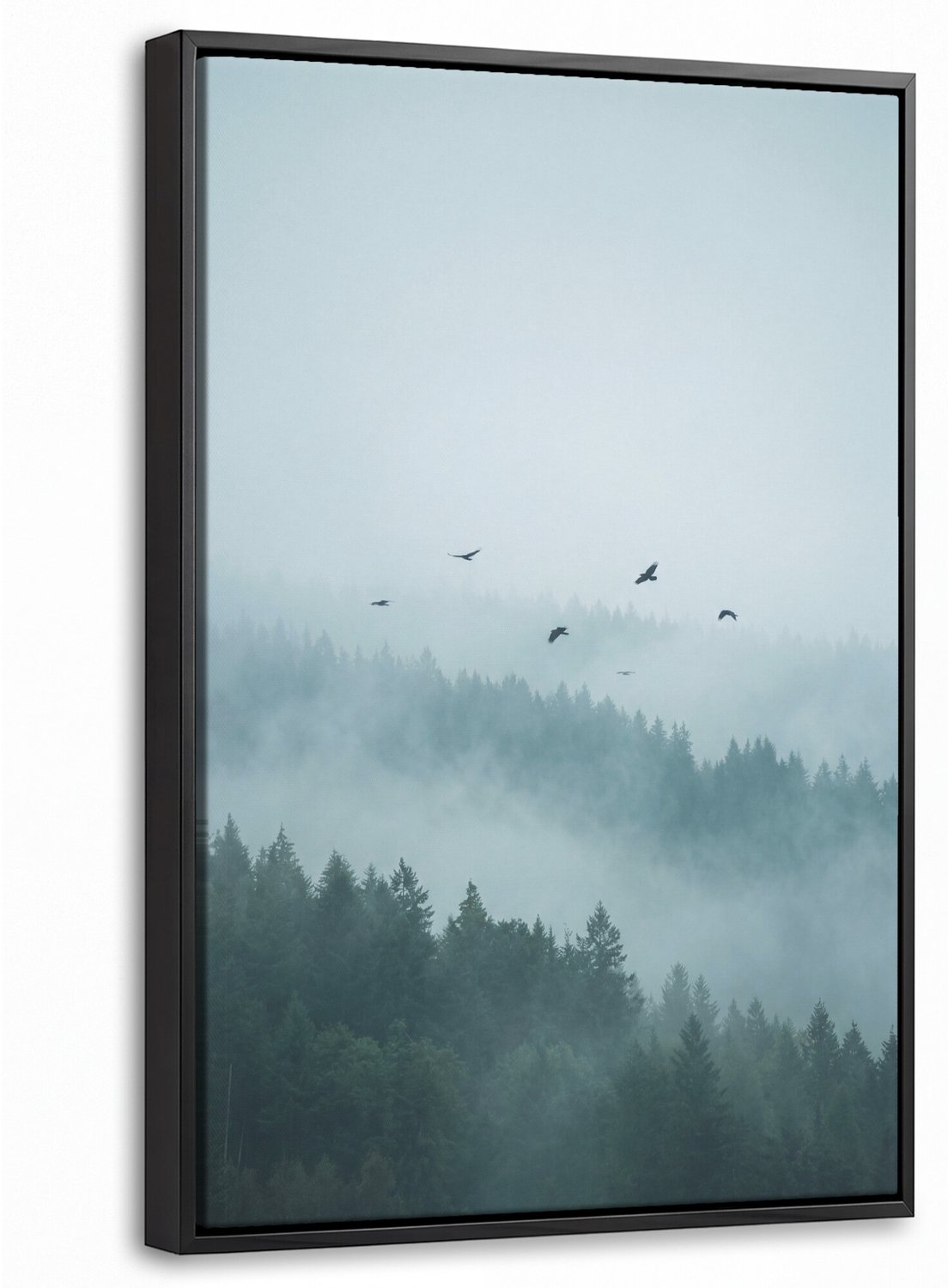 Canvas Schilderij met Baklijst - Bos - Mist - Vogels - Natuur - Groen
