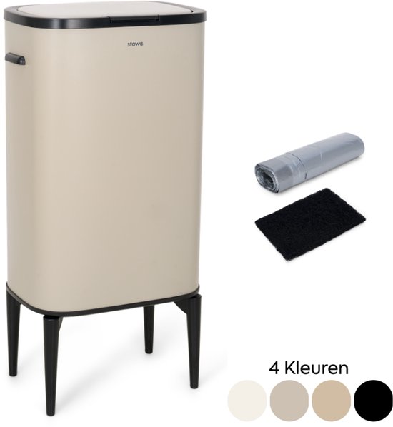Beige prullenbak op zwarte pootjes met deksel en rol vuilniszakken. 4 Kleuren opties getoond.