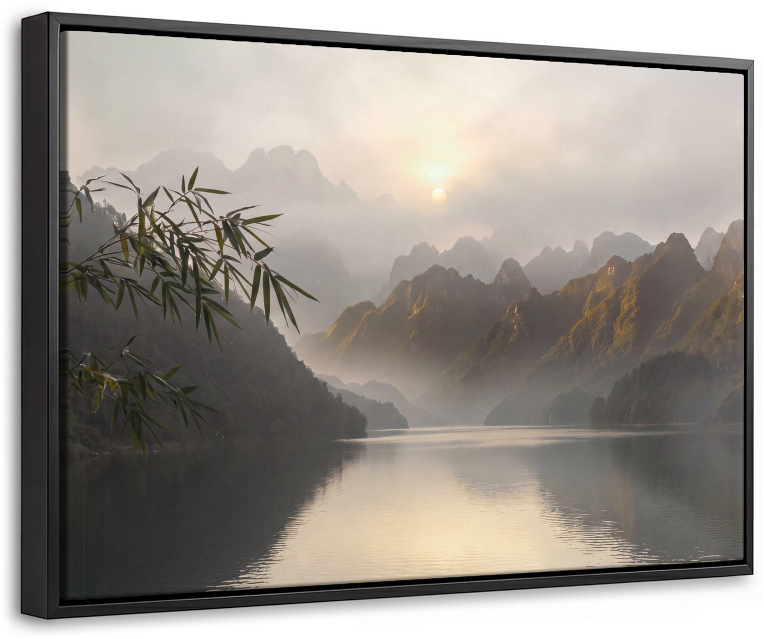 Canvas Schilderij met Baklijst - Bergen - Water - Mist - Natuur - Landschap
