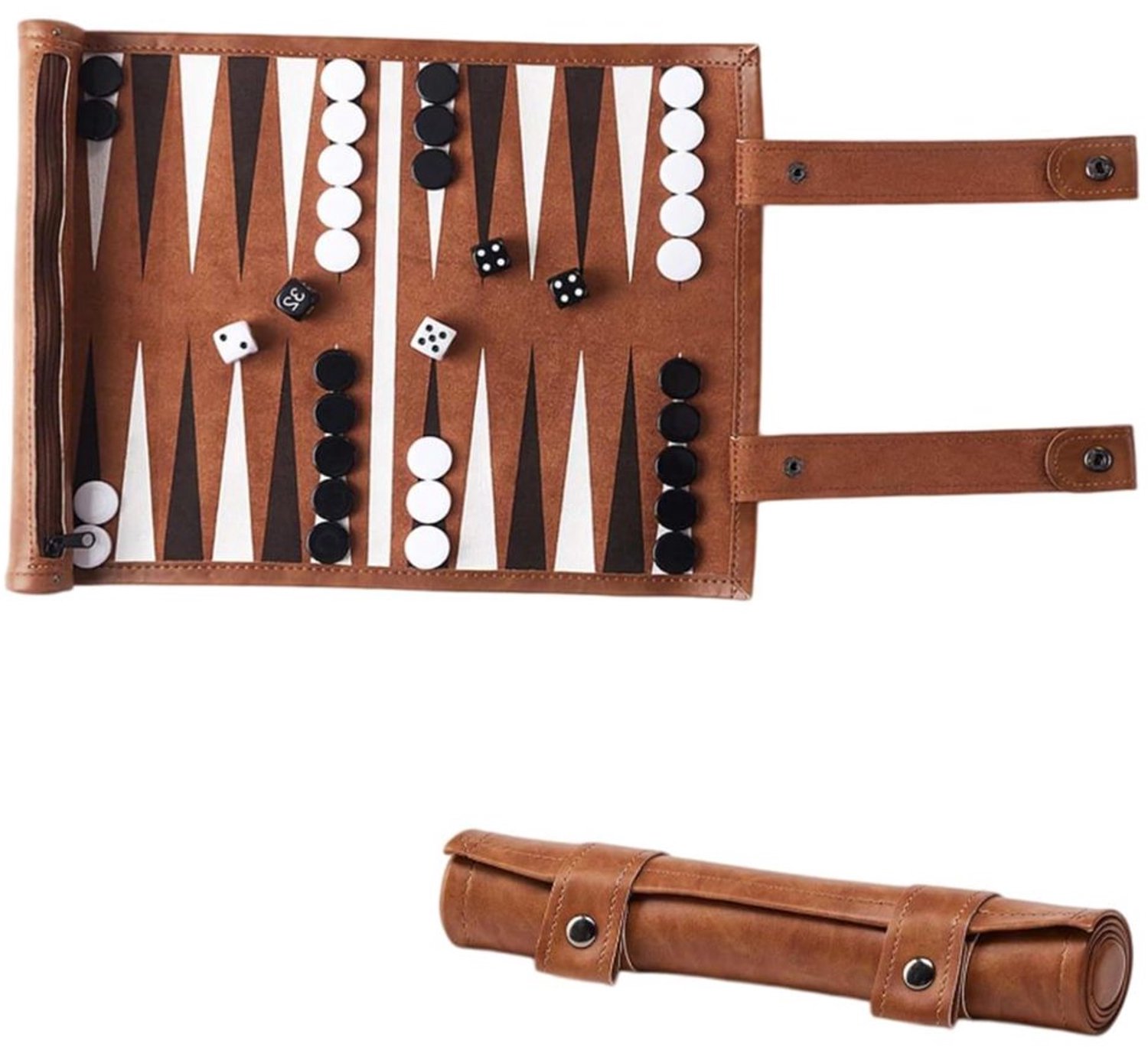 Roll-Up Backgammon Set van 100% Leer voor Reizen