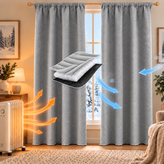 Grijze chevron gordijnen die thermische isolatie bieden voor de woonkamer bij een raam met winterlandschap.