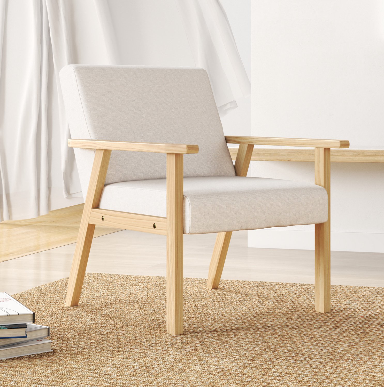 CHICFURN Fauteuil - Met armleuningen - Houten frame - Crèmewit Crème wit