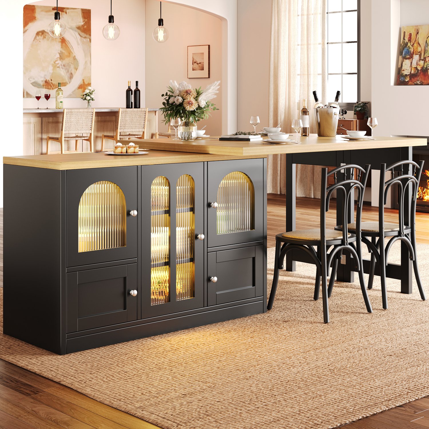 Clruro Eettafel - 120–197×40×72 cm - 360° Draaibaar - Opbergkast en RGB-LED - MDF - Zwart