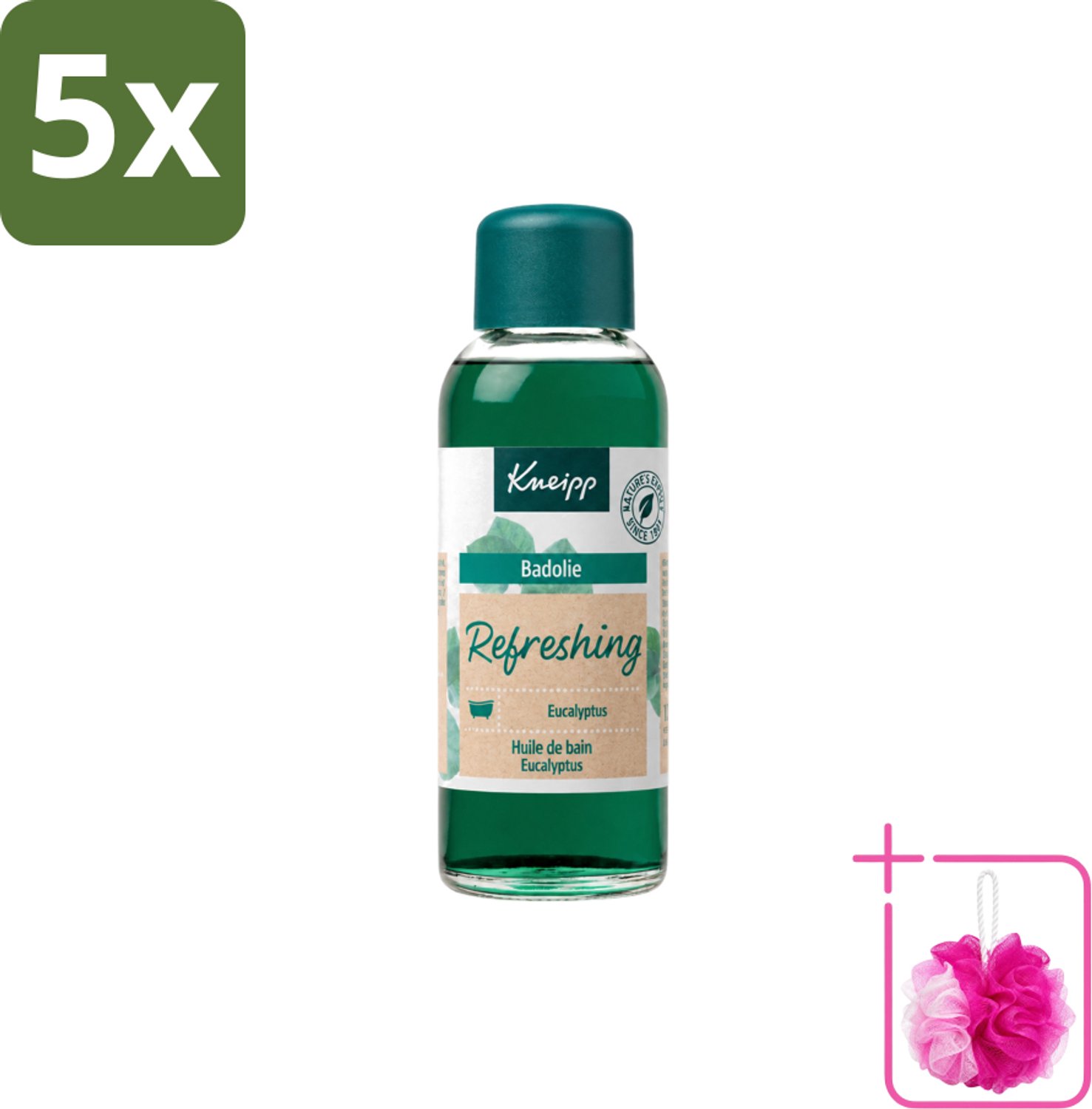 5 x Kneipp - Badolie - Refreshing Eucalyptus - 100 ml - Bulkverpakking - Badolie mint eucalyptus - Douchemop - Badolie eucalyptus