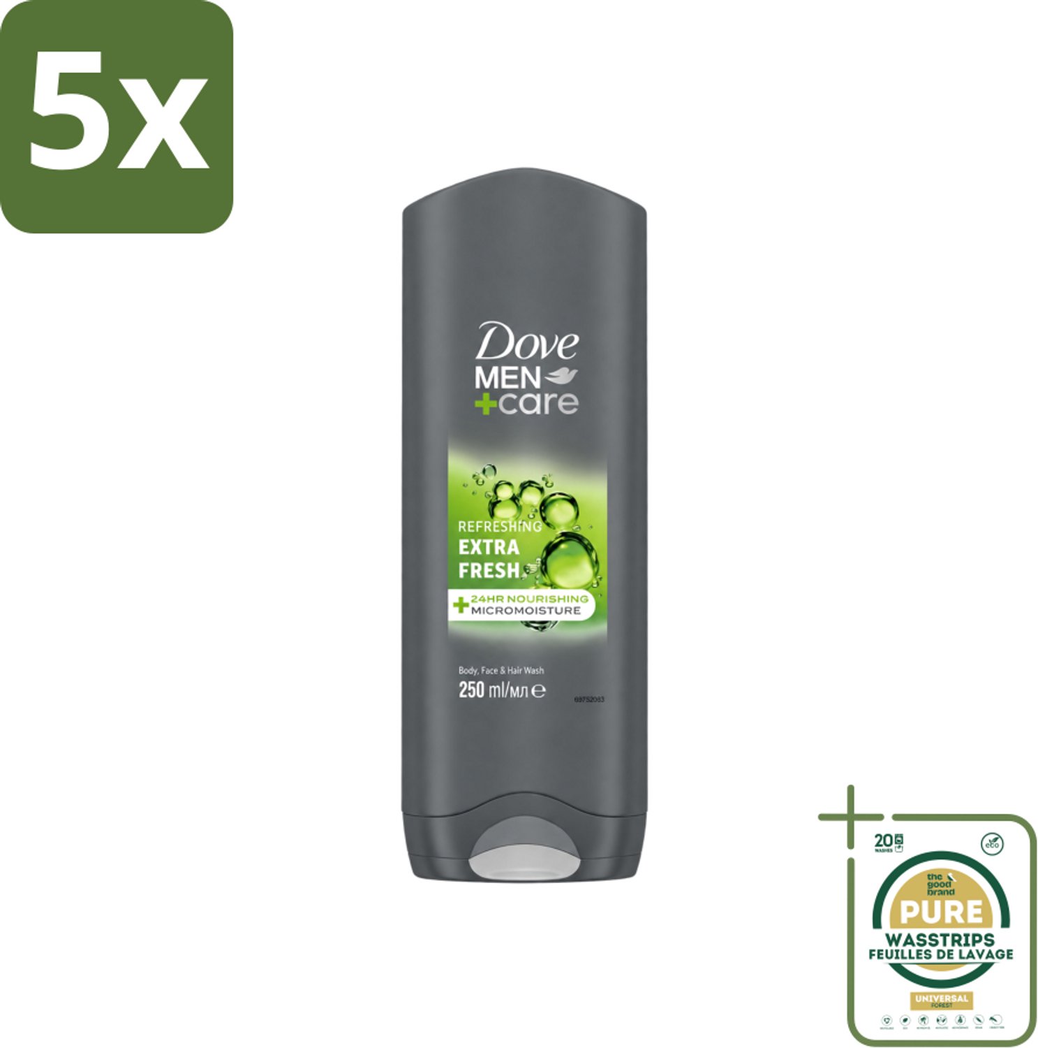 5 x Dove Men+Care Douchegel - Extra Fresh - 250 ml - Wasstrips - Douchegel Mannen - Frisheid Huid - Huid Verzorging - Huid Uitdroging - MICROMOISTURE Technologie