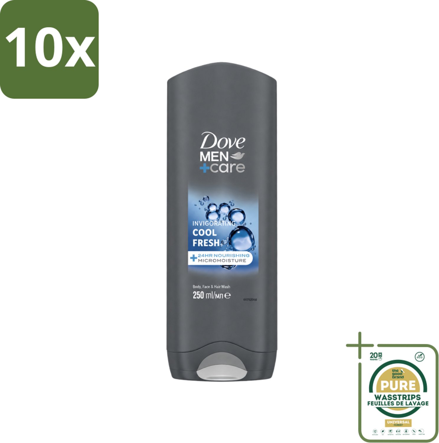 10 x Dove Men+Care Douchegel - Cool Fresh - 250 ml - Wasstrips - Douchegel Voor Mannen - Hydraterend Douchegel - Douchegel Voor Droge Huid - Douchegel Voor Gezicht En Lichaam - Verfrissende Douchegel