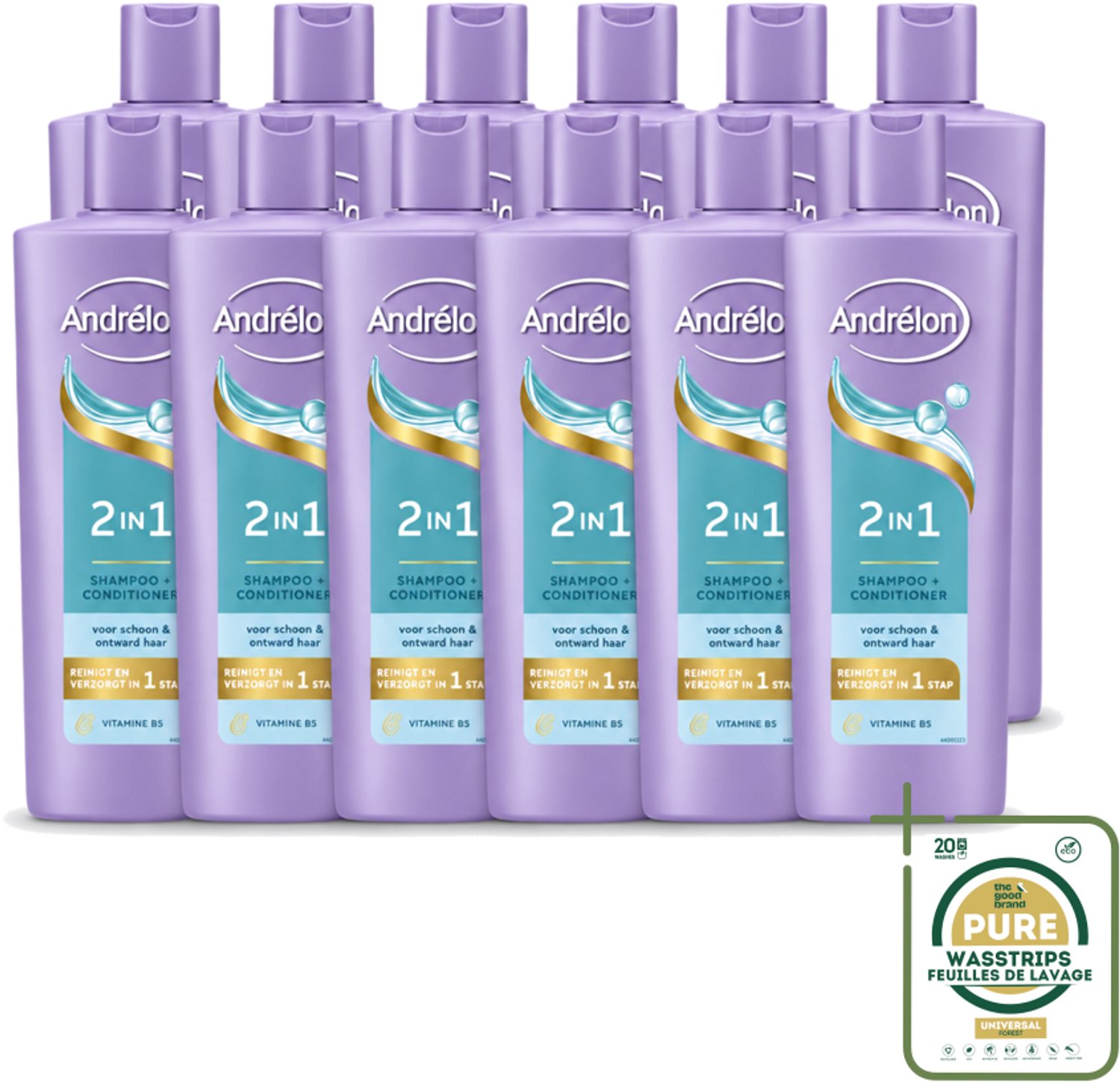 12 x Andrélon – Shampoo 2-in-1 – Iedere Dag – 400 ml - Wasstrips - Haar Verzorgen - Shampoo En Conditioner - 2-in-1 Shampoo - Vitamine B5 - Haar Reinigen