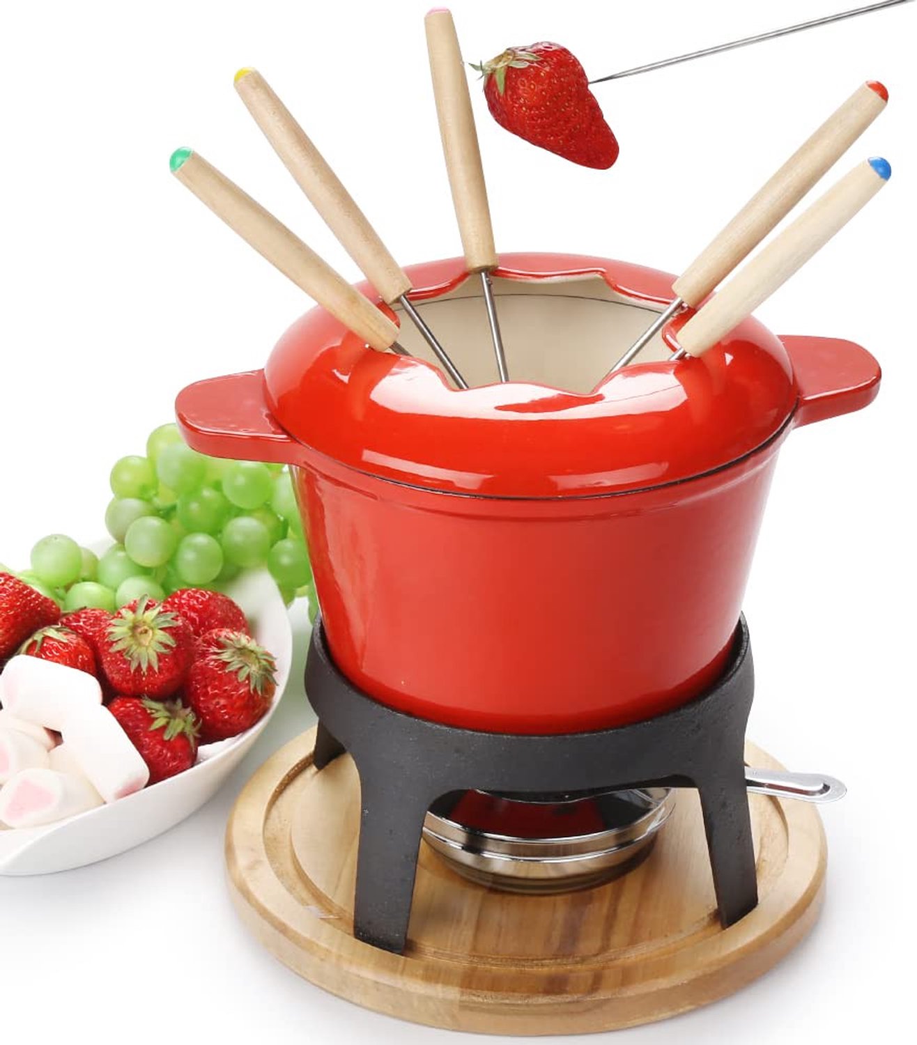 Kaasfondueset Chocolade fondueset Fondue Set Kaasfondue met warmer Gietijzer met 6 Fonduevorken en Brander Geschikt Voor Kaas,Chocolades en Fruit (Rood o2)