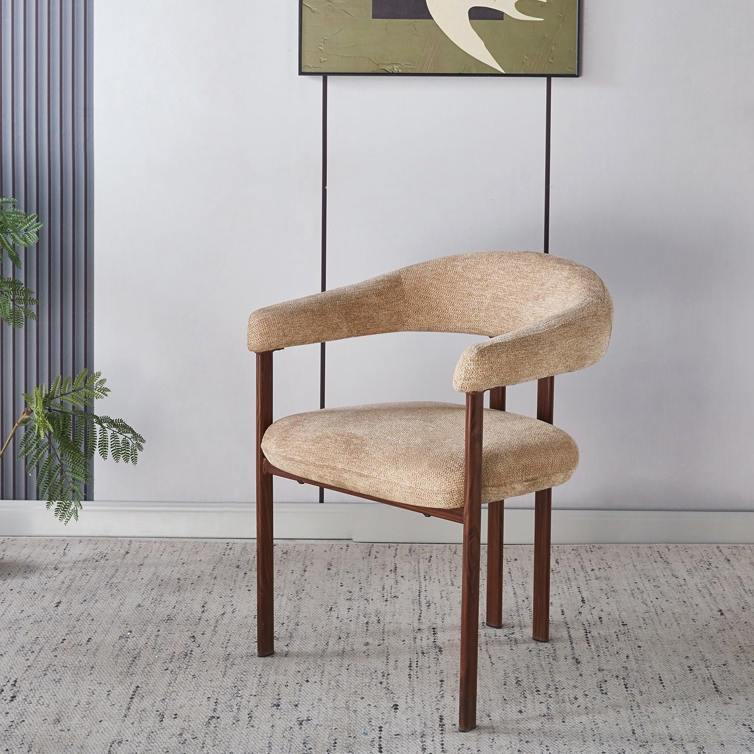 Set van 4 Japandi Eetkamerstoelen Sena Bruin met Walnootlook Metalen Poten – Minimalistische Scandinavische Stoelen met Zachte Stoffen Bekleding, Comfortabele Zitplaatsen voor Eetkamer, Keuken en Woonkamer