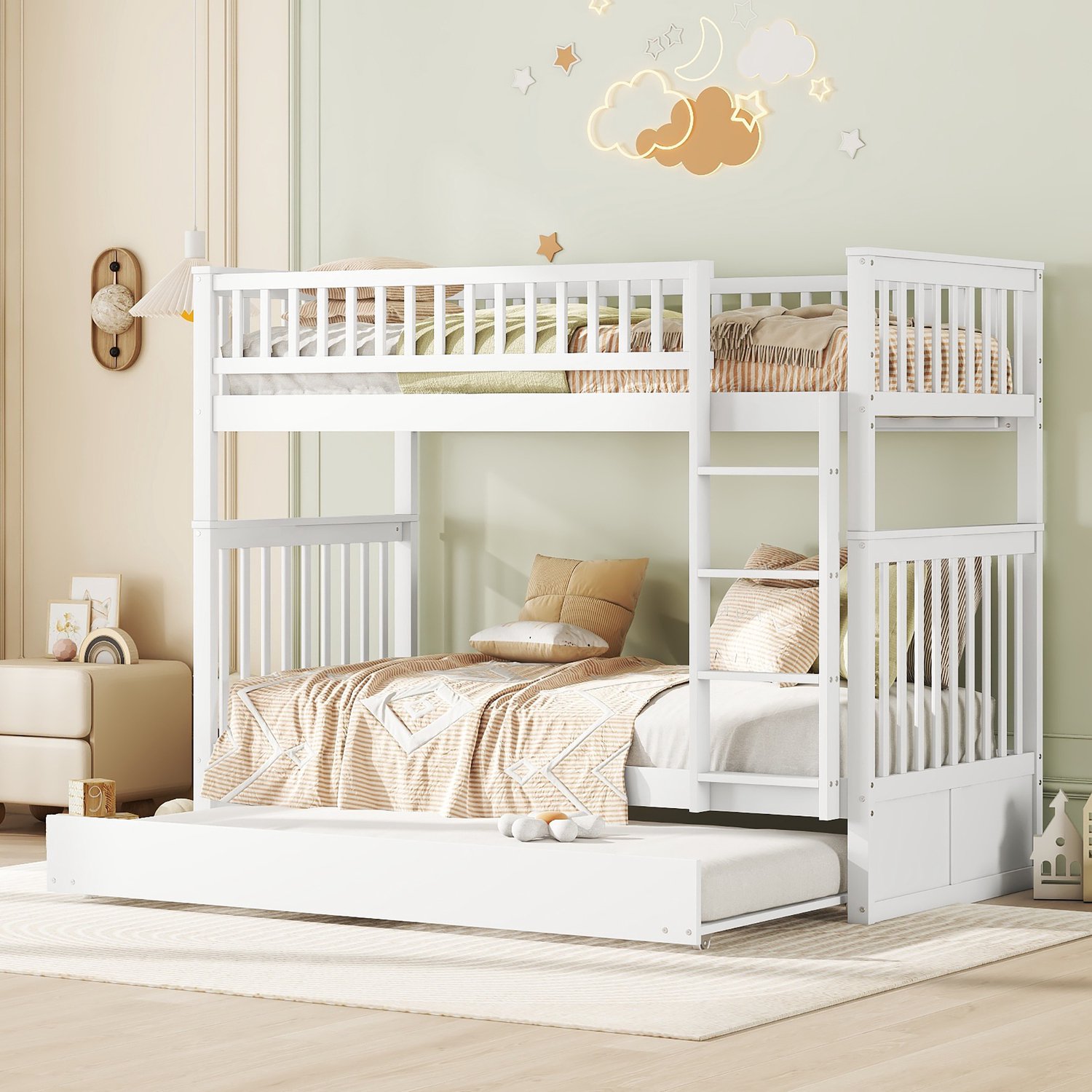 WUVRIE Kinderstapelbed 90x200 cm - Met uittrekbed, ladder en uitvalbeveiliging - Wit