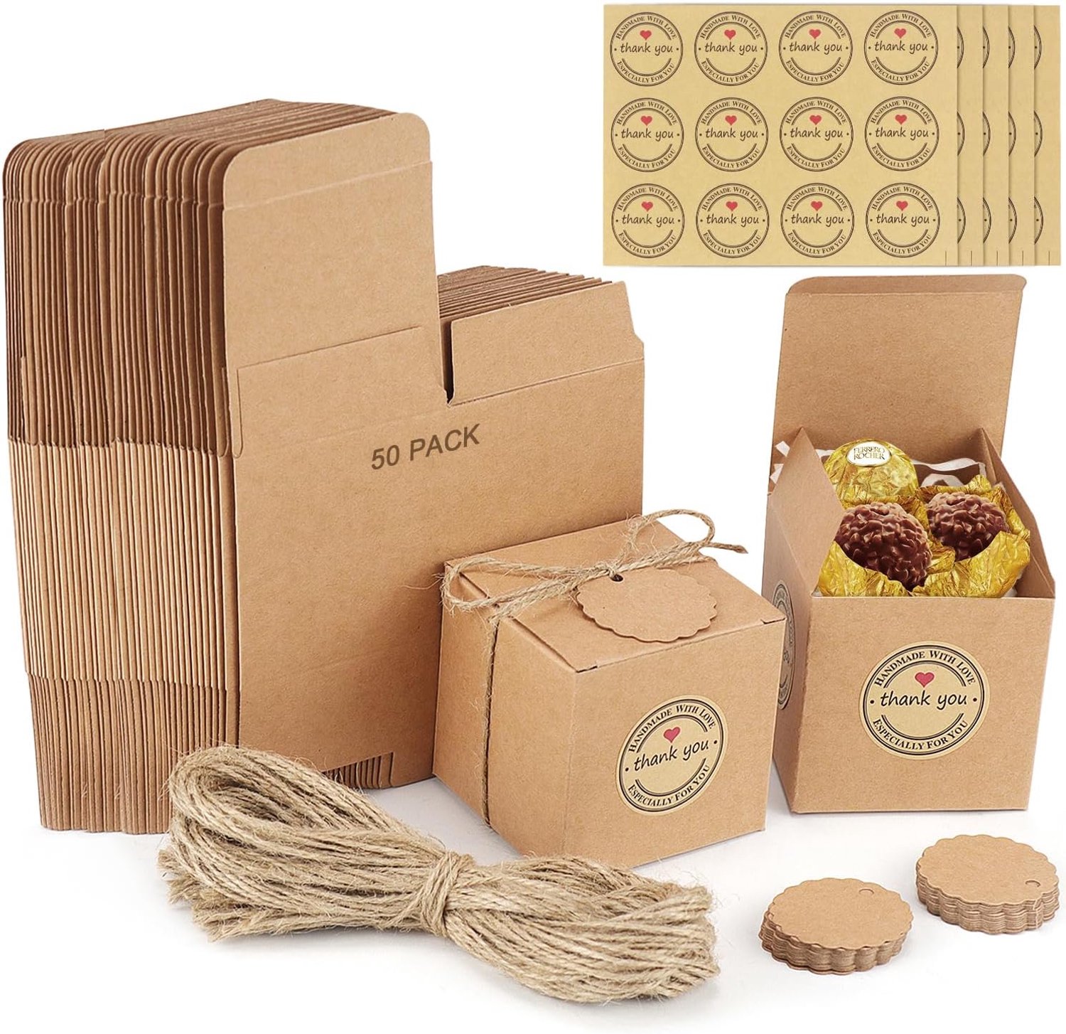 Kraftpapier Cadeaudoosjes 50 Stuks - 7x7x7 cm - Met Jute Touw - Biologisch Afbreekbaar - Geschenkdoos