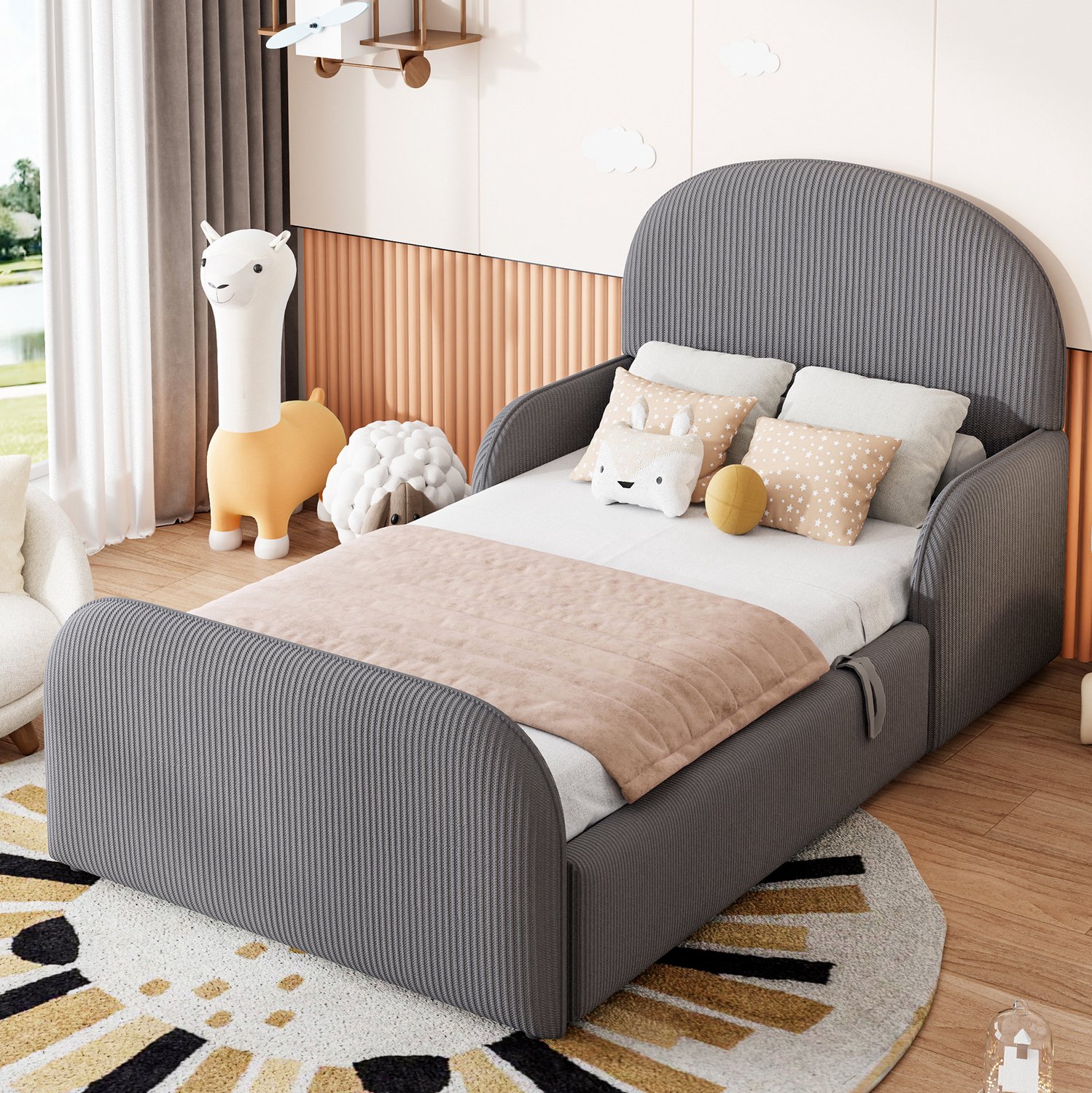 Wishdor Kinderbed 90x200 cm - Hydraulische opbergruimte - Halfhoge zijhekken en hoog hoofd- en voetbord - Kinderkamer en tienerkamer - Fluweel, MDF en metaal - Grijs