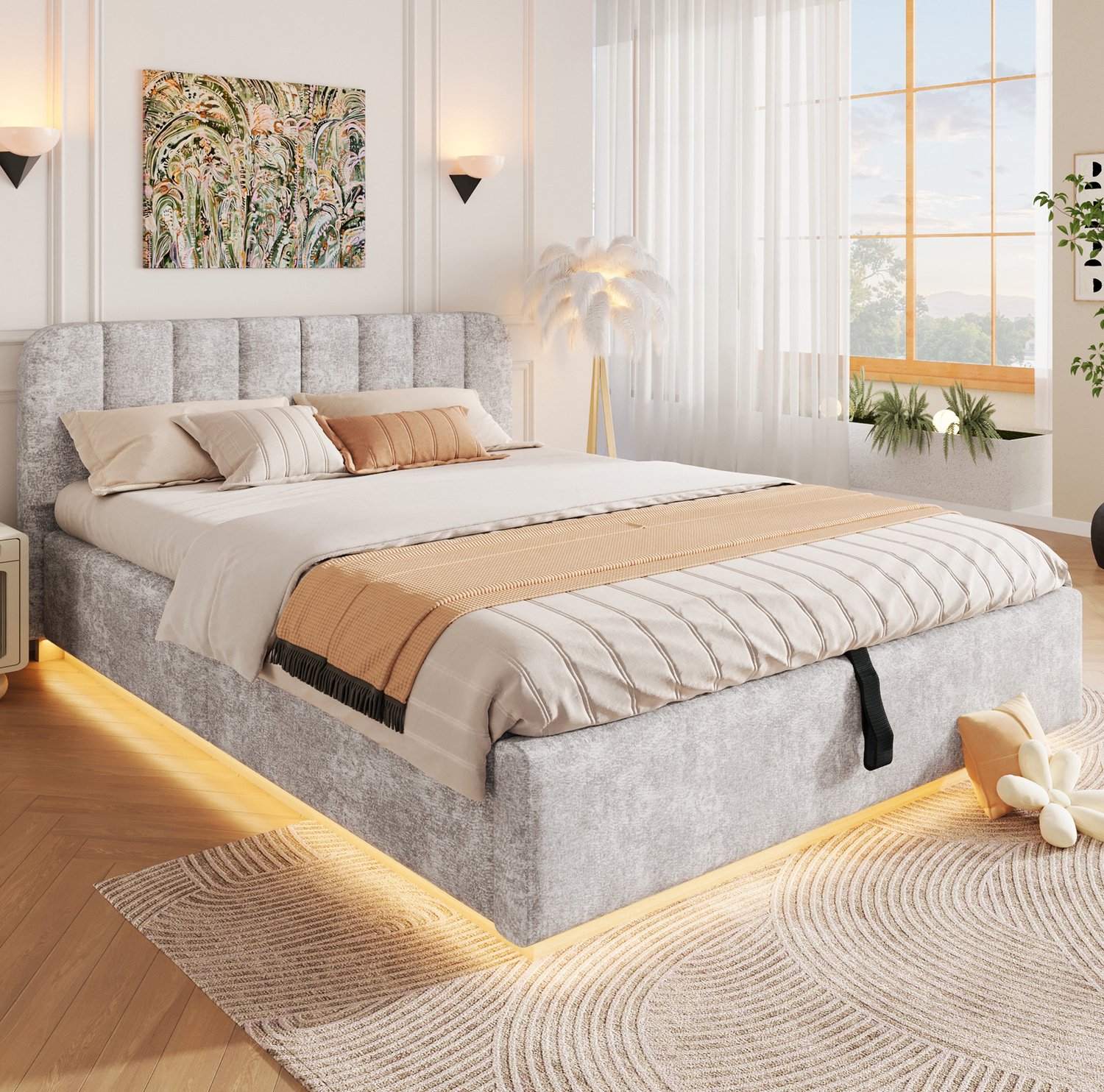 OKWISH Gestoffeerd Bed 140 x 200 cm - Lattenbodem en Ledverlichting - Hydraulische Opbergruimte - Tweepersoonsbed van Chenille - Lichtgrijs - Zonder Matras
