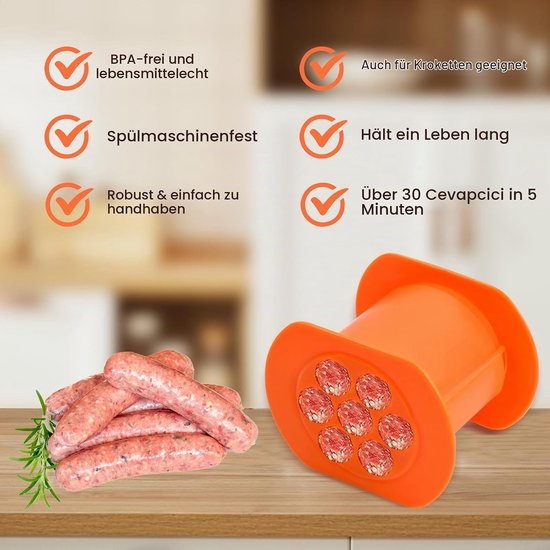 Cevapcici Pers - Worstmaker Hotdog - Worstjes Maken - 7 Gaten Vorm - Cevapcici Handmatige Worstmaker - Hotdogmaker Barbecue - worstmakers - Zelfgemaakte Handmatige Worstmaker Gereedschapskit voor Thuiskeuken - Cevapcici Press - Oranje — afbeelding 3