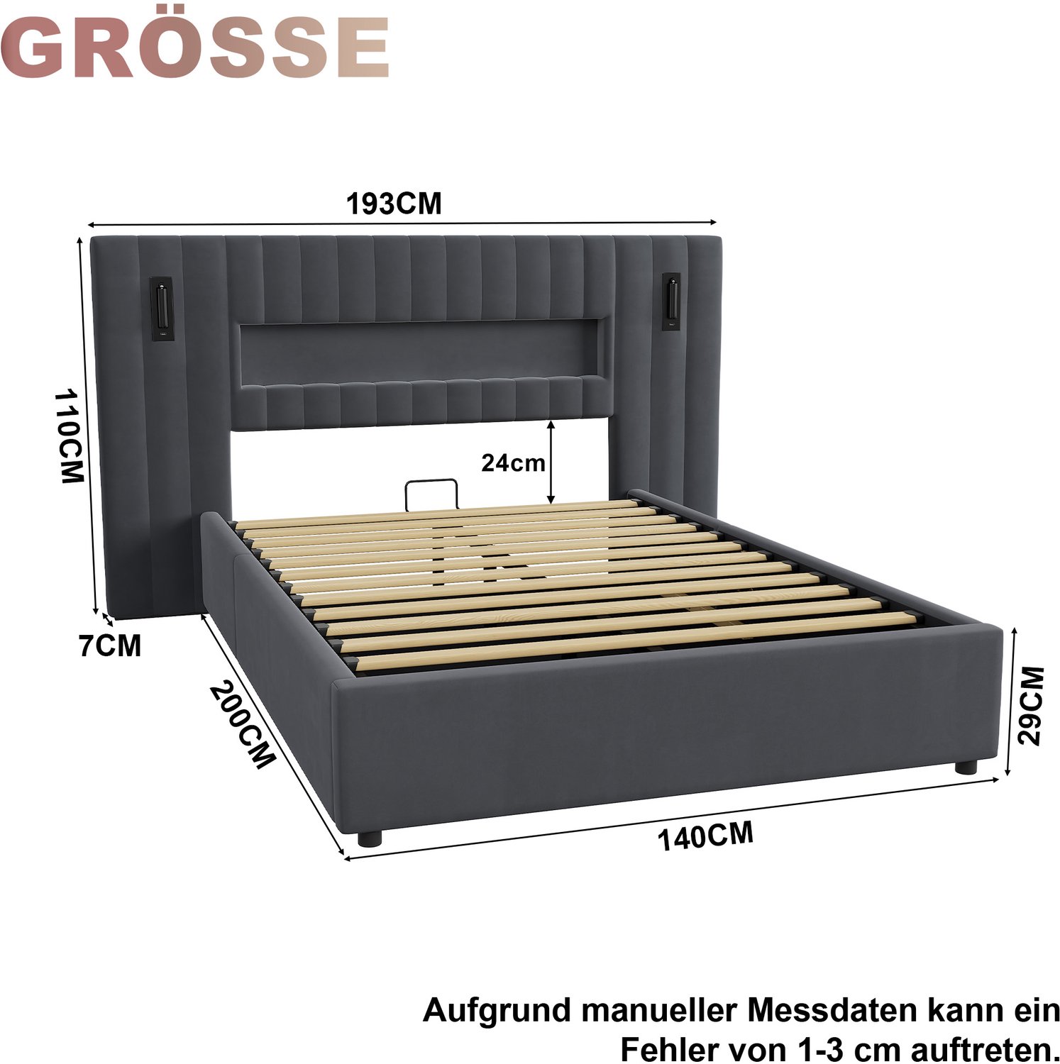 HAUSS SPOLE Gestoffeerd Bed 140x200 cm - Hydraulisch Opbergbed Met USB Oplaadpunten En Leeslampen - Zonder Matras - Fluweel - Donkergrijs
