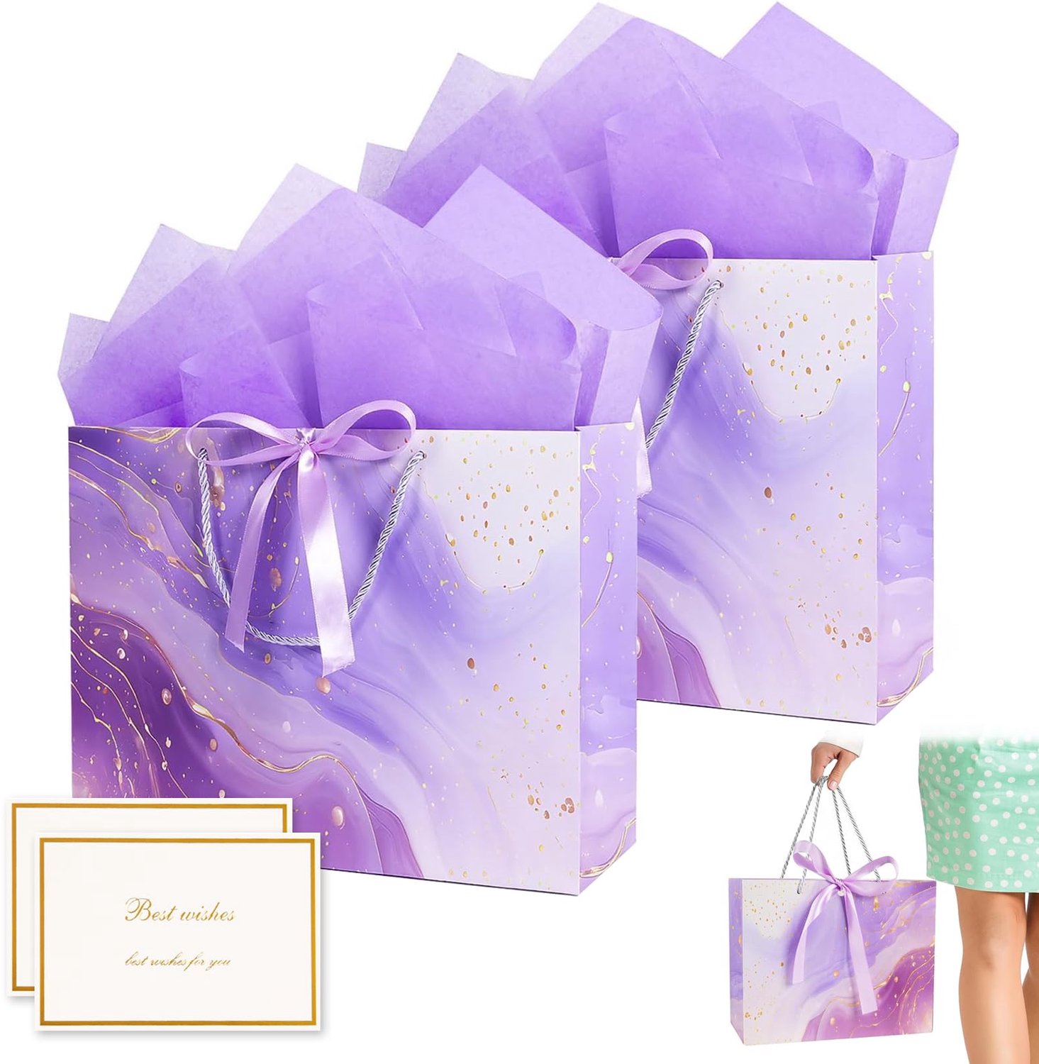 Cadeauzakjes Luxe Marmer Design - 2 Paarse Zakjes - Wenskaarten - Tissuepapier - 25x20x12 cm - Chique Verpakking - Cadeauverpakking