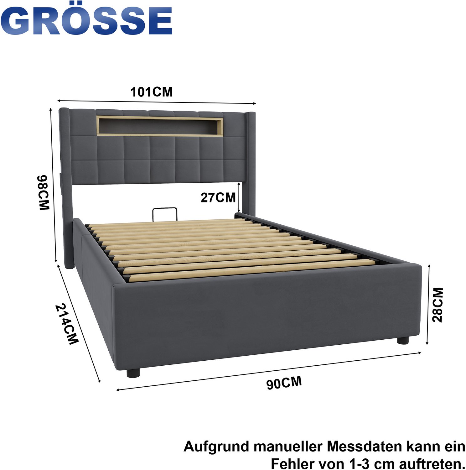 HAUSS SPOLE Gestoffeerd Bed 90x200 cm - Eenpersoonsbed Met Ledverlichting, Opbergruimte En Oplaadpunten - Zonder Matras - Fluweel - Donkergrijs