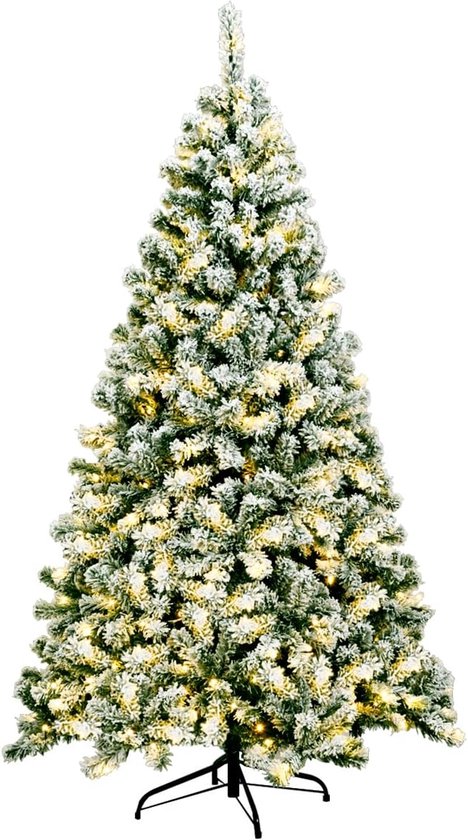 Besneeuwde kunstkerstboom met warme ledverlichting en een zwarte metalen standaard.