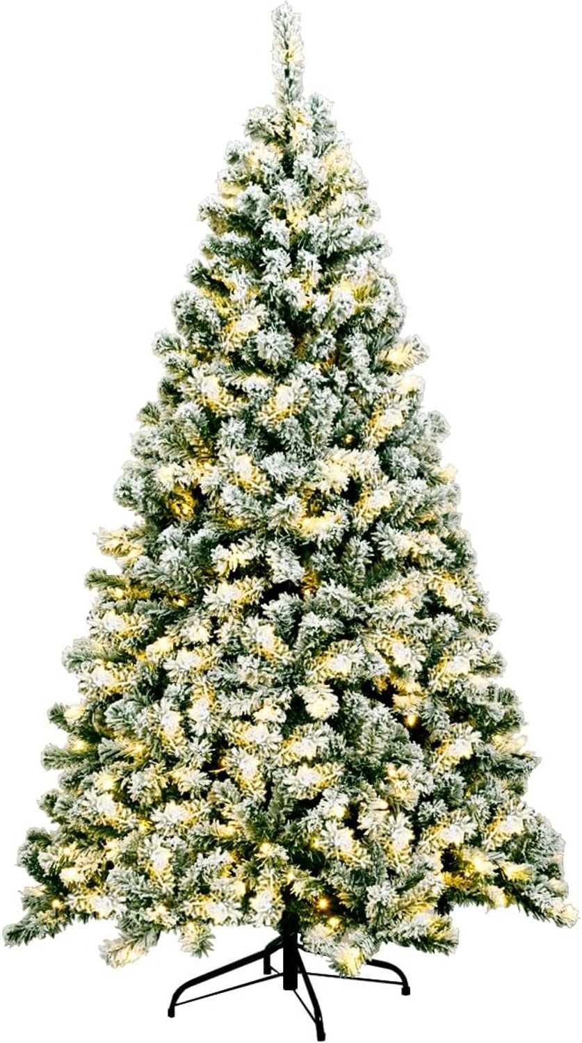 KOMFOTTEU Kunstkerstboom met leds, warmwit - kunstdennenboom wit met sneeuw - decoratieve boom voor Kerstmis, pvc-naalden en metalen standaard (182 cm)