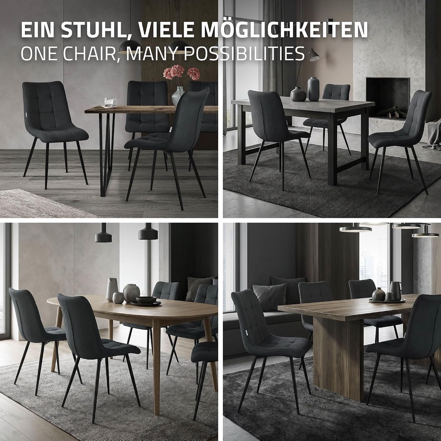 Livia Comfort Eetkamerstoelen Set van 2 Antraciet met Stoffen Bekleding, Zwarte Metalen Poten, Gestoffeerde Rugleuning, Ergonomisch Zitcomfort, 120 kg Draagvermogen