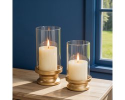 NUPTIO Orkaan Kaarshouder Goud - Set van 2 Pilaarkaars Houders met Glazen Huls - Metalen Kandelaars voor Bruiloft, Feest en Tafeldecoratie