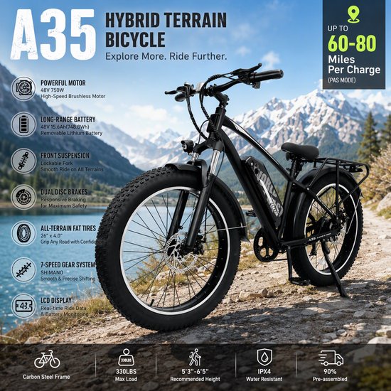 KZQ Zwarte Model A35 Allround Fiets Met Carbonstalen Frame - 48V 15.6Ah Accu En 250W Motor Voor Stad En Offroad — afbeelding 3