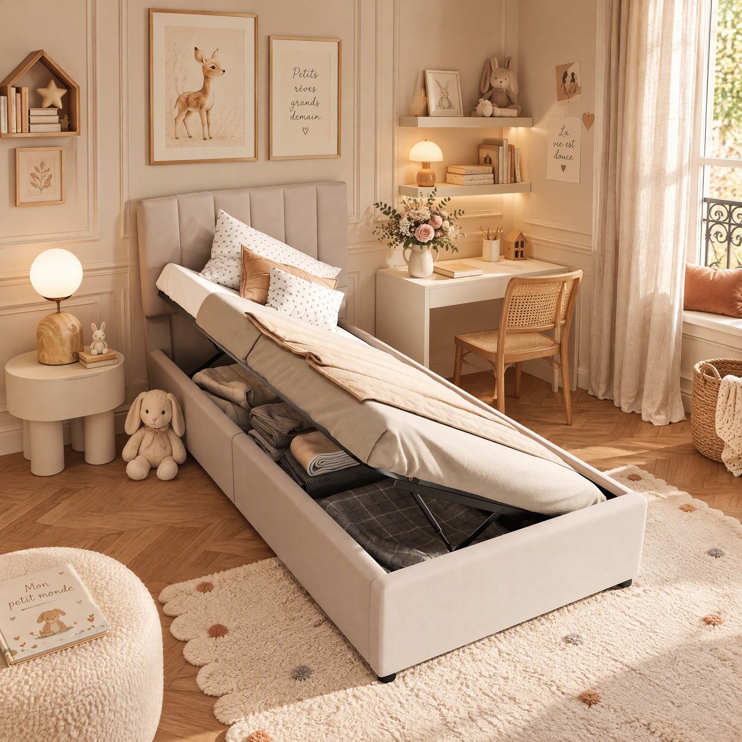 MEXUS Opbergbed 90x200 cm, eenpersoonsbed met hydraulische opbergruimte, kinderbed met gestoffeerd hoofdeinde, lattenbodem, fluweel, Beige Blauw