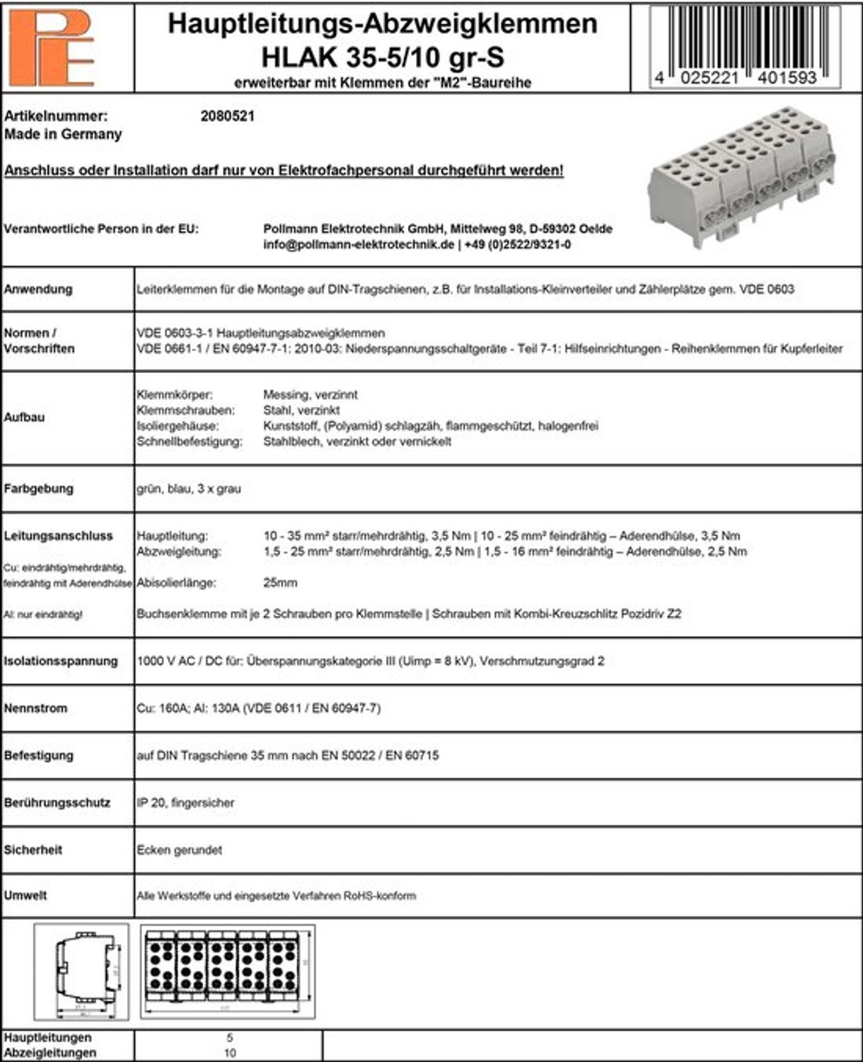 Terminal Hlak 35-5/10 gr-s grijs hoofdleiding