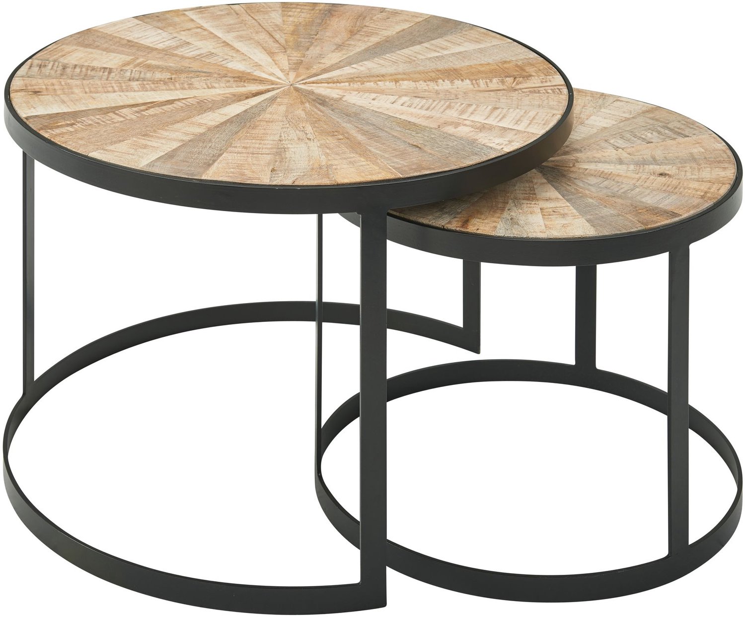 Cosmo Casa Salontafel Set van 2 – Ronde Nesttafels – Massief Mangohout – Zwart Metalen Frame – Handgemaakt – 60/45 cm Lichtbruin