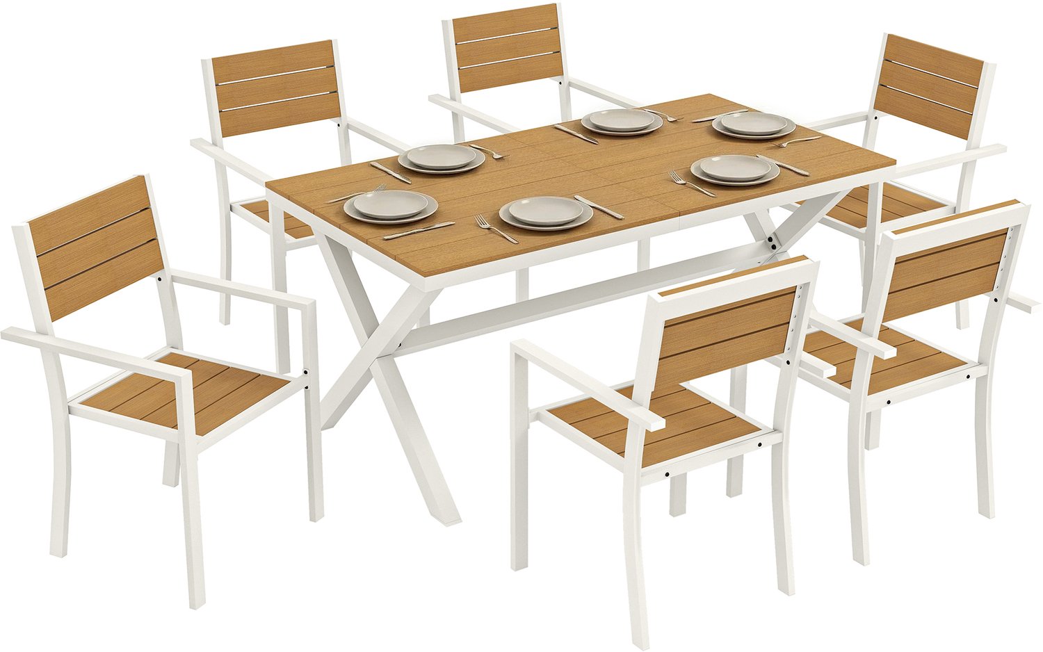 Outsunny Tuinset - Eethoek 7-delig - Aluminium Dining Set - Tafel met 6 Stoelen - Teak wit, teak
