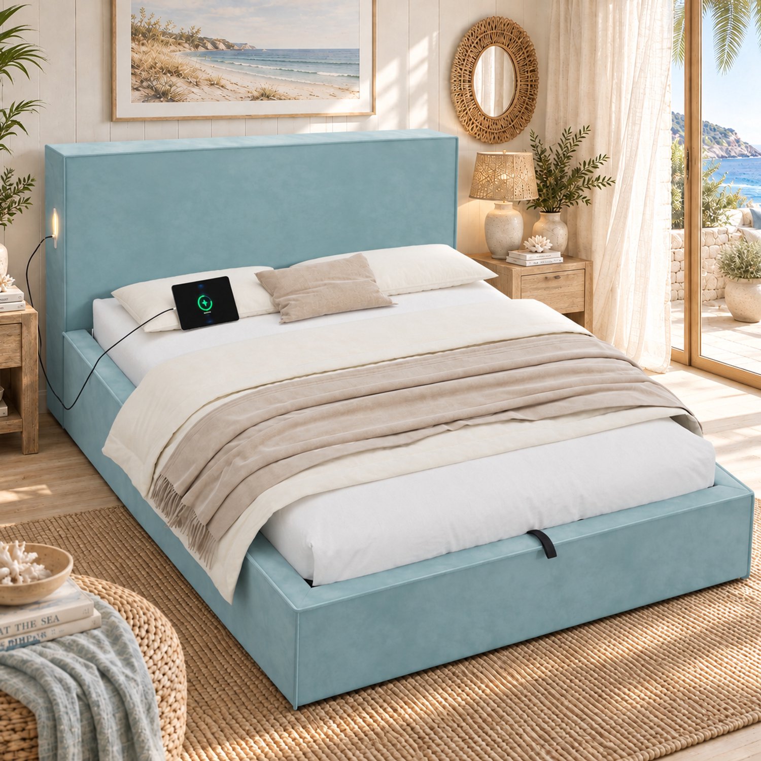 STILVORA Gestoffeerd Bed 140x200 cm – Fluwelen Kinderbed – Hydraulische Opbergruimte – Met Lattenbodem – Zonder Matras – Blauw