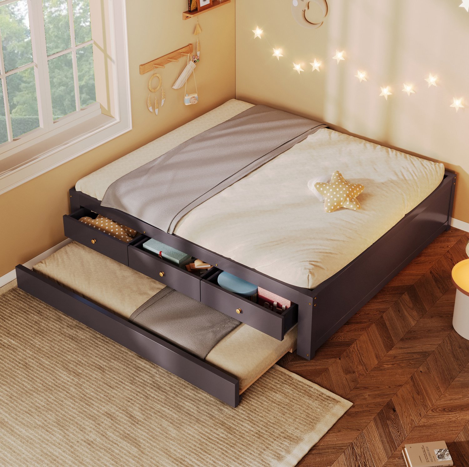 OKWISH Houten Bed 140x200 cm - Uitschuifbaar Logeerbed - 3 Opberglades - Voor Slaap- en Logeerkamer - MDF en Hout - Bruin - Zonder Matras Donkerbruin