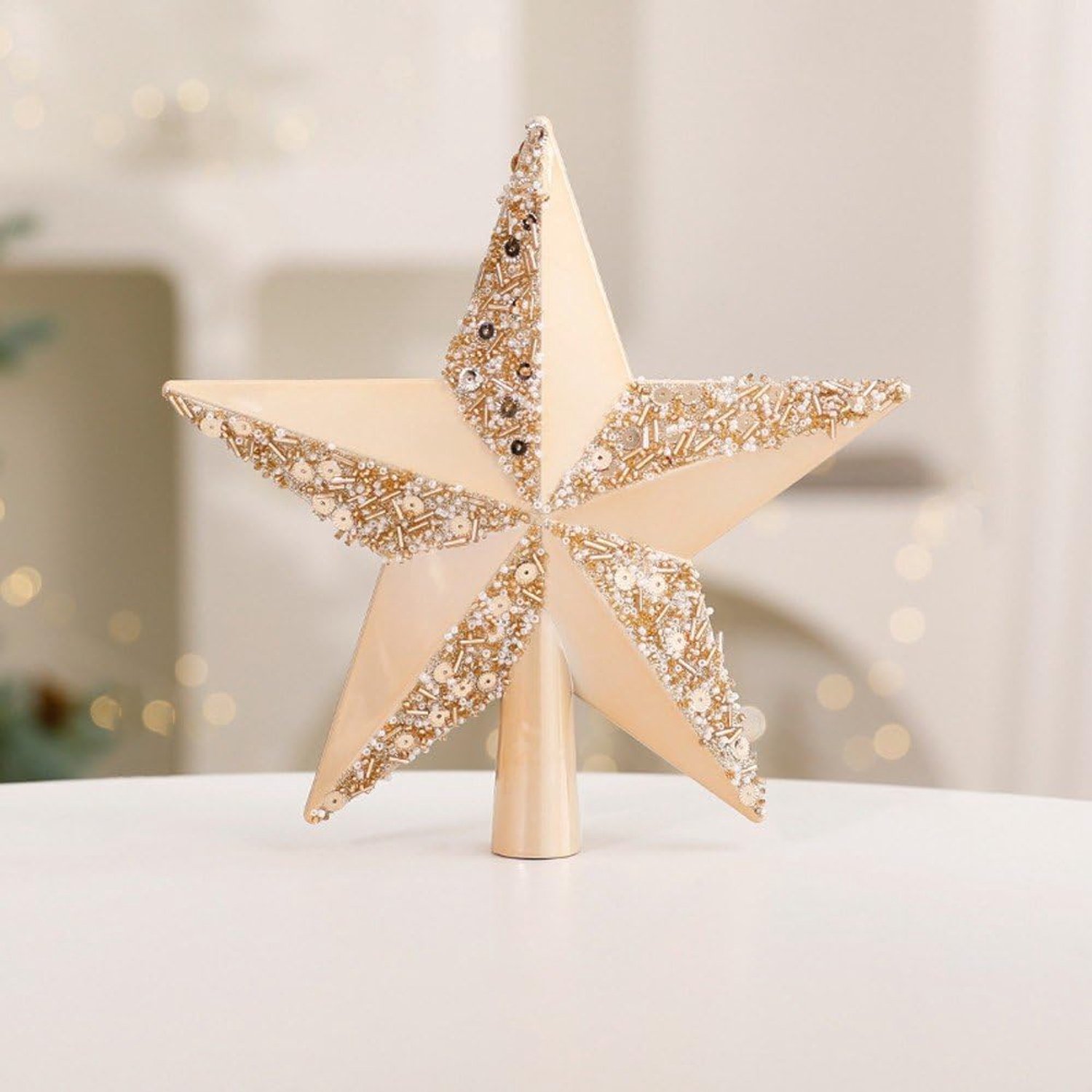 Kerstboomtopversiering in de vorm van een ster - Kerstdecoratie - Kerstboomtop - Voeg een prachtig accent toe aan kerstfeesten en winterse bijeenkomsten met de familie - Champagnekleur – foto 4