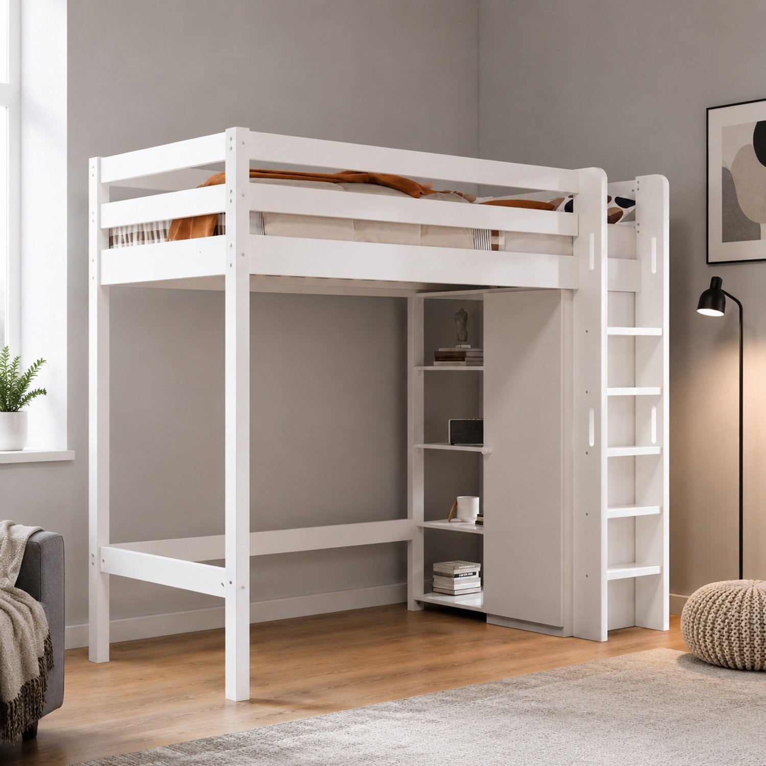 WUVRIE Kinderhoogslaper 90x200 cm - Met kledingkast en 6 planken - Links of rechts te monteren - Wit